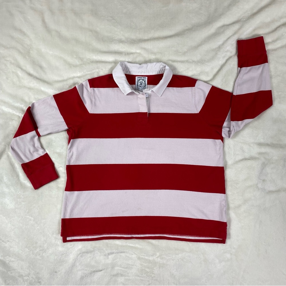 C-0016 Lands' End XL/P Red-White Long-Sleeve 100% Cotton Rugby Top